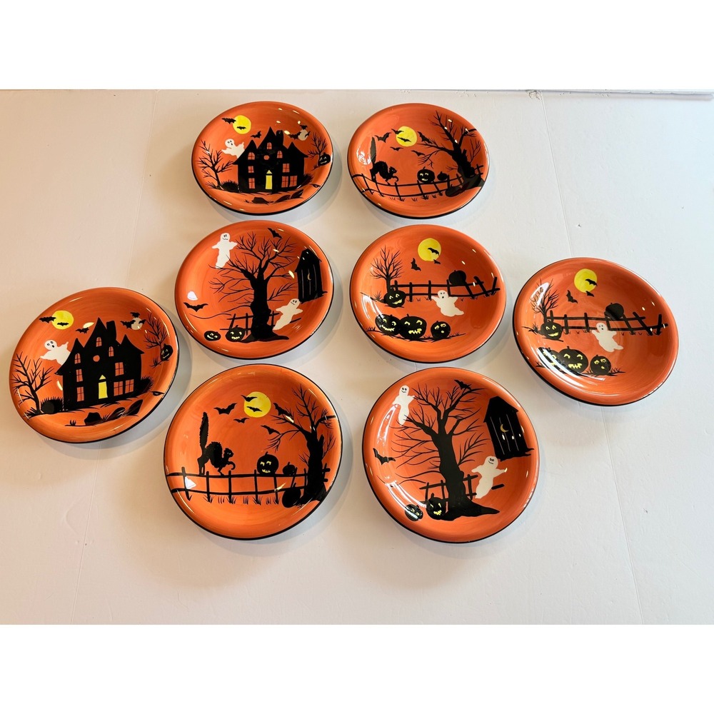 Sakura Haunted Hideaway Halloween Salad Plates Orange Earthenware Set of 8